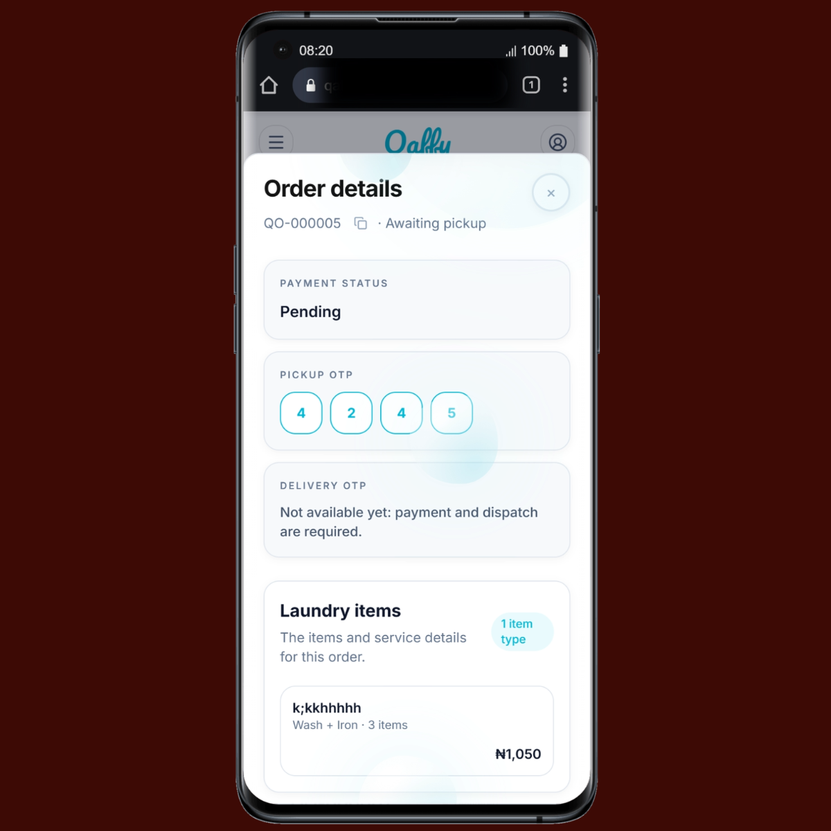 Qaffy customer order details with payment status and pickup OTP